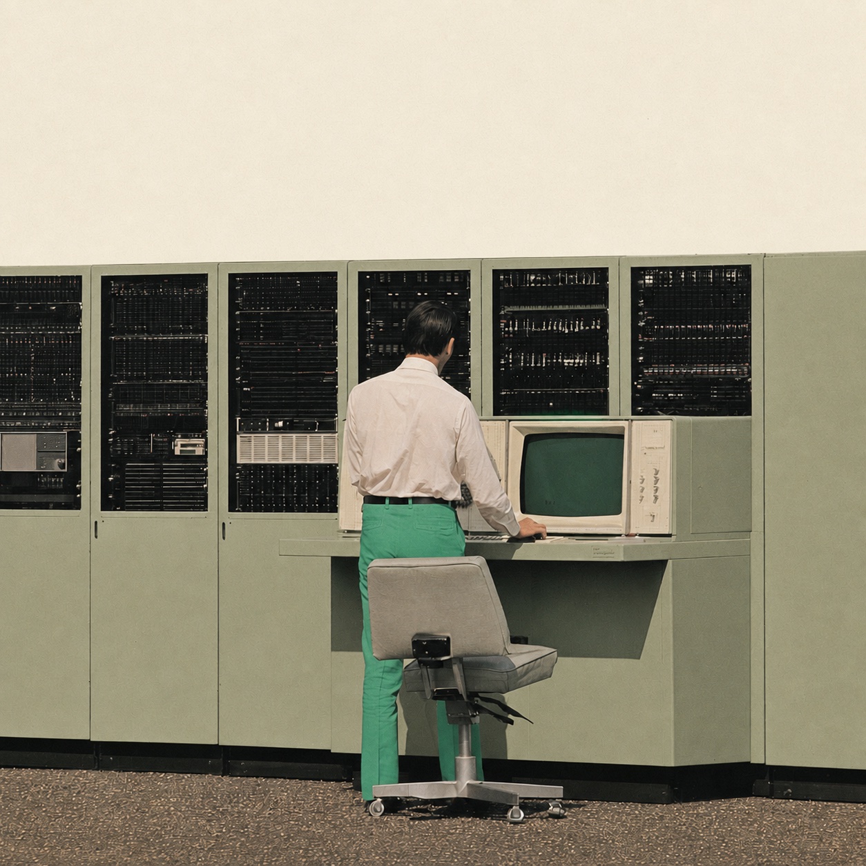 A vintage computer operator in Kordn green trousers working at a wall-sized server system